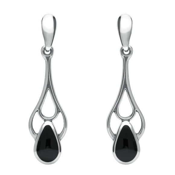 Sterling Silver Whitby Jet Ornate Pear Drop Earrings. E139. 