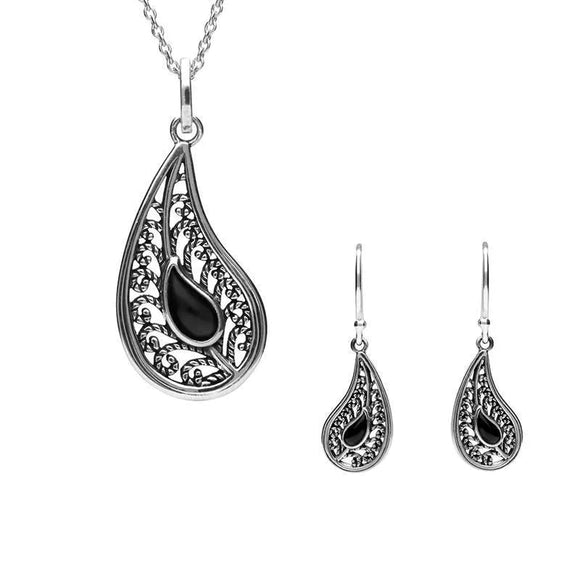 Sterling Silver Whitby Jet Ornate Tear Drop Two Piece Set. S031