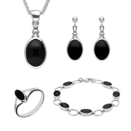 Sterling Silver Whitby Jet Oval Four Piece Set. S019 