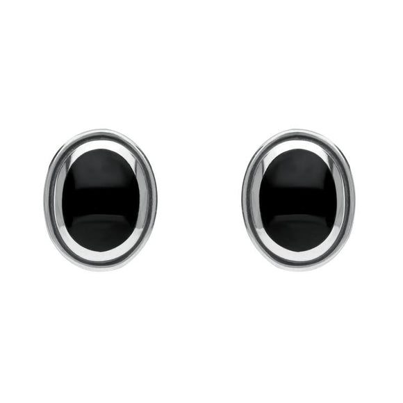 Sterling Silver Whitby Jet Oval Framed Edge Stud Earrings. E178. 