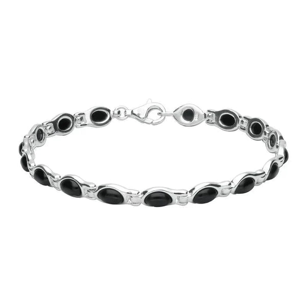 Sterling Silver Whitby Jet Oval Link Bracelet. B948.