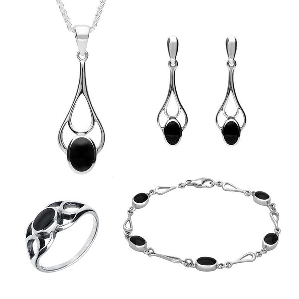 Sterling Silver Whitby Jet Oval Spoon Drop Four Piece Set. S001 