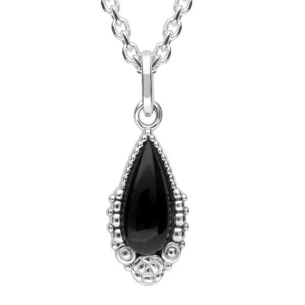 Sterling Silver Whitby Jet Patterned Pear Necklace P2622