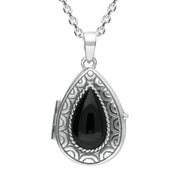 Sterling Silver Whitby Jet Pear Patterned Locket Necklace P2098