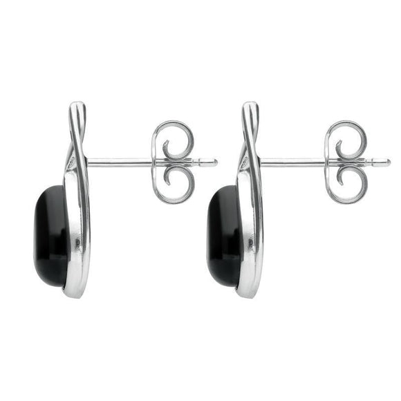 Sterling Silver Whitby Jet Pear Shaped Celtic Stud Earrings. E973.