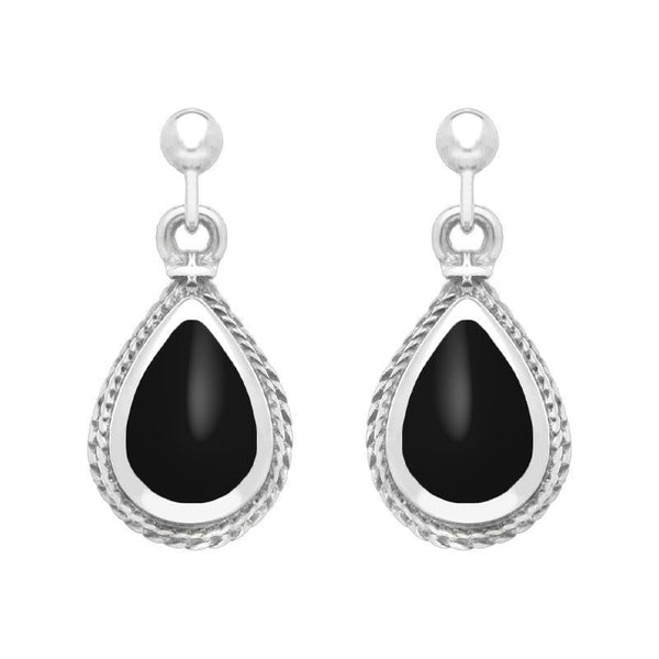 Sterling Silver Whitby Jet Pear Shaped Drop Earrings, E031.