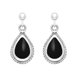 Sterling Silver Whitby Jet Pear Shaped Drop Earrings, E031.