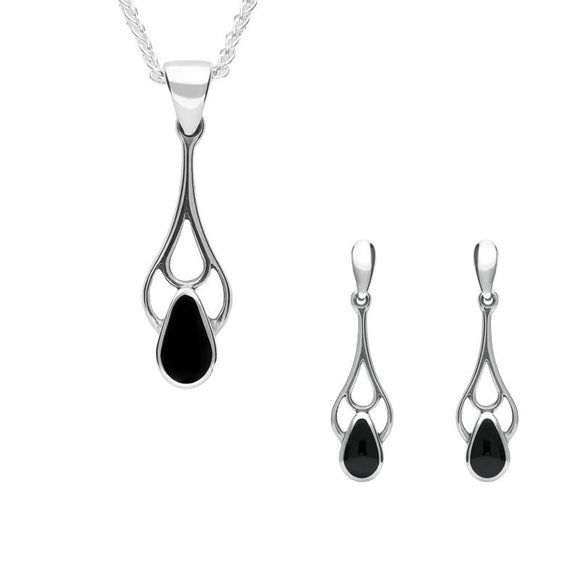 Sterling Silver Whitby Jet Pear Shaped Spoon Necklace and Earring Set S050
