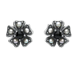 Sterling Silver Whitby Jet & Pearl 5 Petal Stud Earrings. E1697
