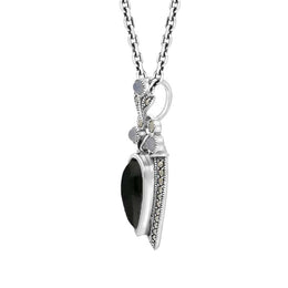 Sterling Silver Whitby Jet Marcasite Moonstone Upside Down Pear Necklace, P2214.