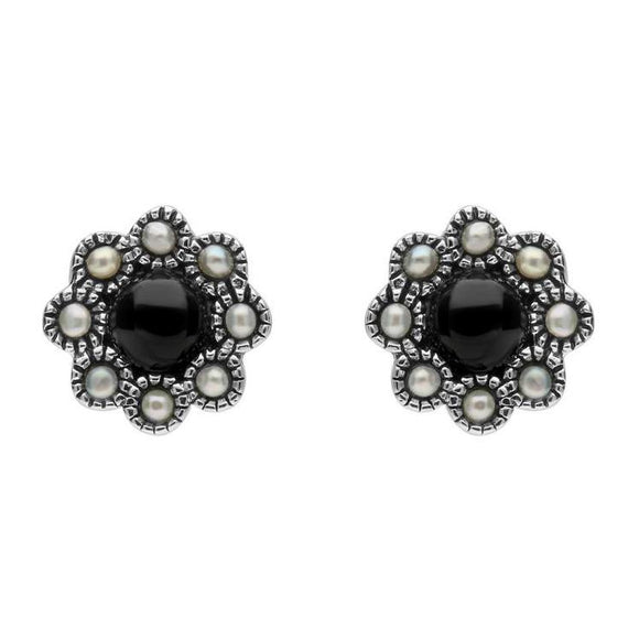 Sterling Silver Whitby Jet Pearl Round Edge Bead Stud Earrings E1635