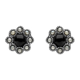 Sterling Silver Whitby Jet Pearl Round Edge Bead Stud Earrings E1635