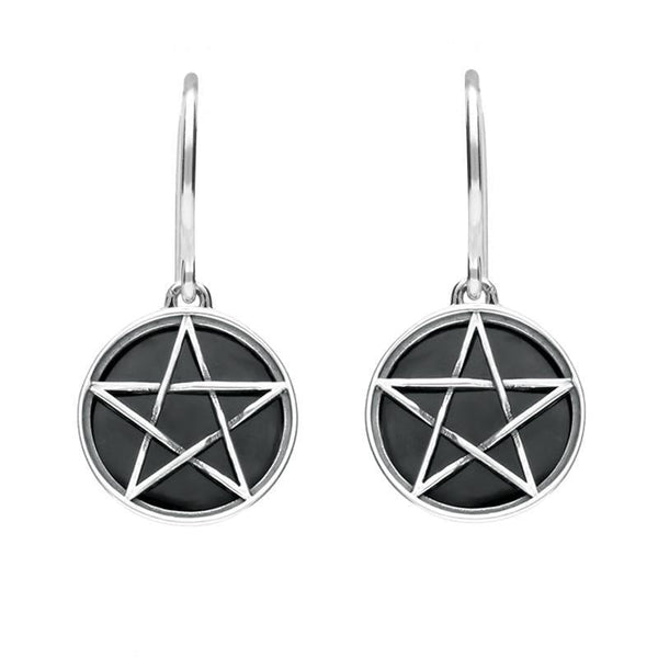Sterling Silver Whitby Jet Pentagram Drop Earrings, E1413.