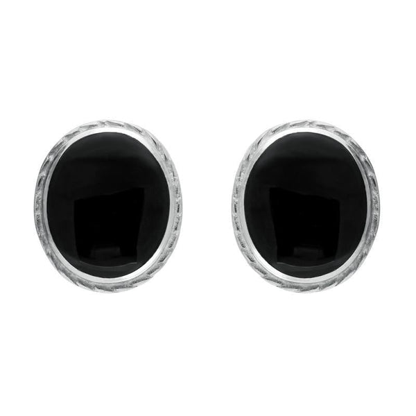 Sterling Silver Whitby Jet Rope Edge Oval Stud Earrings. E023. 