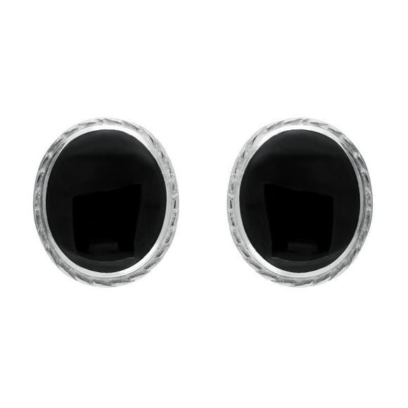 Sterling Silver Whitby Jet Rope Edge Oval Stud Earrings. E023. 