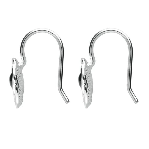 Sterling Silver Whitby Jet Rose Hook Earrings. E1916.