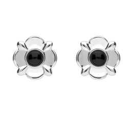 Sterling Silver Whitby Jet Round Four Petal Flower Two Piece Set. S028