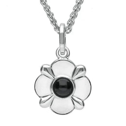 Sterling Silver Whitby Jet Round Four Petal Flower Two Piece Set. S028