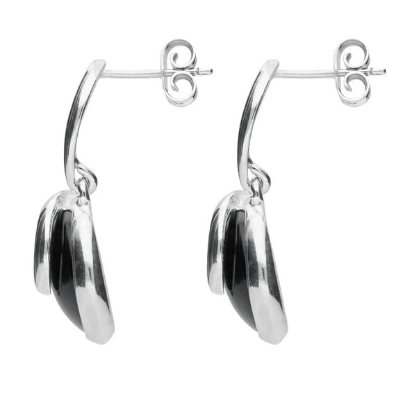 Sterling Silver Whitby Jet Round Swirl Drop Earrings. E2131.