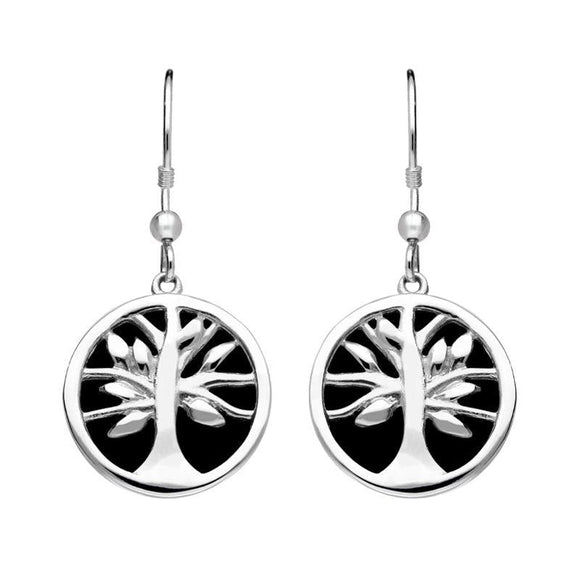 Sterling Silver Whitby Jet Round Tree of Life Drop Earrings E2485