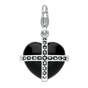 Sterling Silver Whitby Jet Seventeen Marcasite Medium Cross Heart Charm G784
