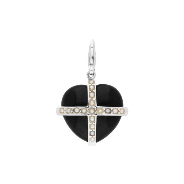 Sterling Silver Whitby Jet Seventeen Pearl Medium Cross Heart Charm G771