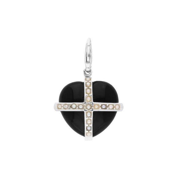 Sterling Silver Whitby Jet Seventeen Pearl Medium Cross Heart Charm G771