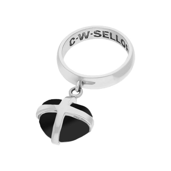 Sterling Silver Whitby Jet Small Cross Heart Dropper Ring