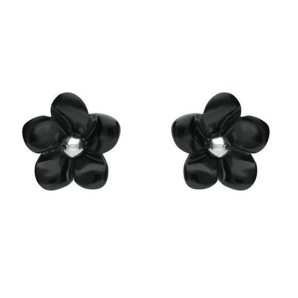 Sterling Silver Whitby Jet Small Flower Stud Earrings. E1324.