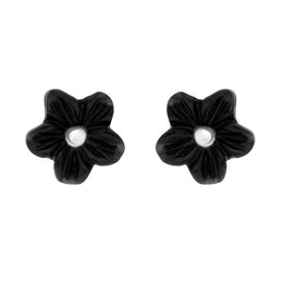 Sterling Silver Whitby Jet Small Petal Stud Earrings. E1321.