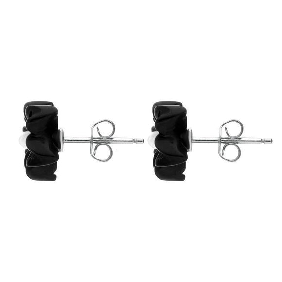 Sterling Silver Whitby Jet Small Petal Stud Earrings. E1321.