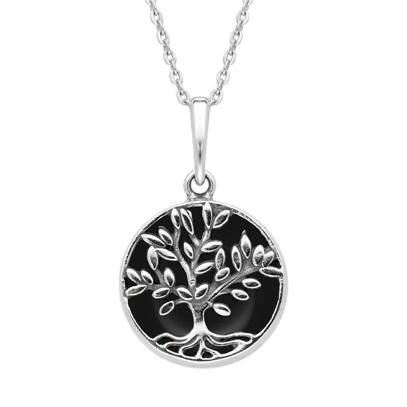 Sterling Silver Whitby Jet Small Round Large Leaves Tree of Life Necklace P3340