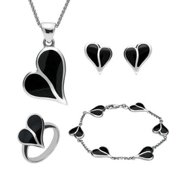 Sterling Silver Whitby Jet Split Heart Four Piece Set. S006 