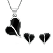 Sterling Silver Whitby Jet Split Heart Two Piece Set, S053.