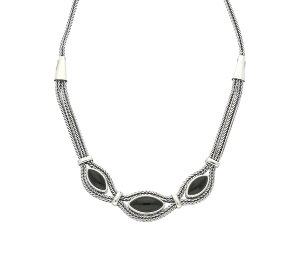 Sterling Silver Whitby Jet Three Stone Marquise Foxtail Necklace. N967