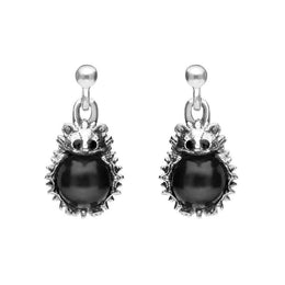Sterling Silver Whitby Jet Tiny Hedgehog Drop Earrings, E2428