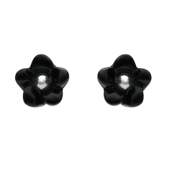 Sterling Silver Whitby Jet Tiny Petal Stud Earrings. E1325.
