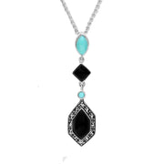 Sterling Silver Whitby Jet Turquoise and Marcasite Framed Necklace P2211
