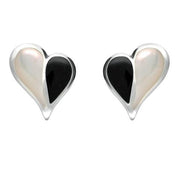 Sterling Silver Whitby Jet Mother of Pearl Split Heart Stud Earrings. E364.