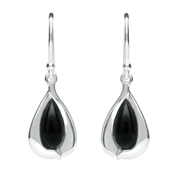 Sterling Silver Whitby Jet Wide Edge Pear Hook Earrings E2312