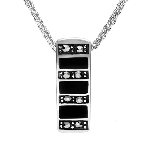 Sterling Silver Whitby Jet Marcasite Seven Row Small Oblong Necklace P1324