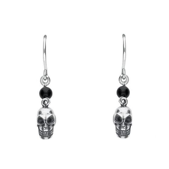 Sterling Silver Whitby jet Mini Skull One Stone Drops Earrings