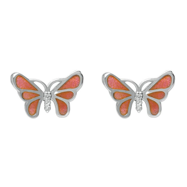 Sterling Silver White Sapphire Red Enamel House Style Butterfly Stud Earrings E2217