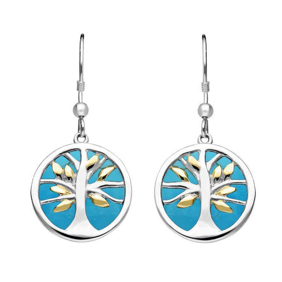 Sterling Silver Yellow Gold Plate Turquoise Medium Round Tree of Life Two Piece Set S065