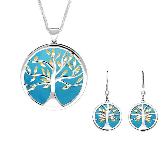 Sterling Silver Yellow Gold Plated Turquoise Large Round Tree of Life Two Piece Set S063
