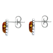 Sterling Silver Baltic Amber Oval Beaded Edge Small Stud Earrings E1793