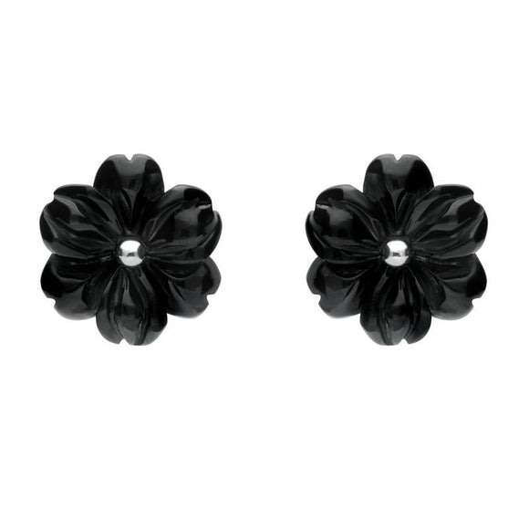 Sterling Silver Whitby Jet Carved Large Flower Stud Earrings E1323