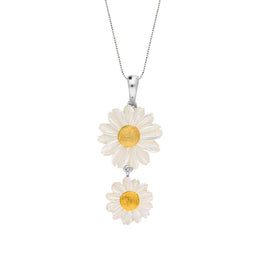 Sterling Silver and Yellow Gold White Mother Of Pearl Tuberose Twin Daisy Necklace, P2917.