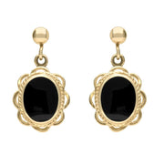 00071470 C W Sellors 9ct Yellow Gold Whitby Jet Rope Oval Frill Drop Earrings, E024.