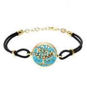 9ct Yellow Gold Turquoise Cord Round Large Leaves Tree Of Life Bracelet B1141